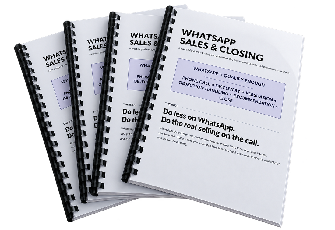 Printed WhatsApp Sales and Closing guide produced by Access One for a home healthcare client in Dubai