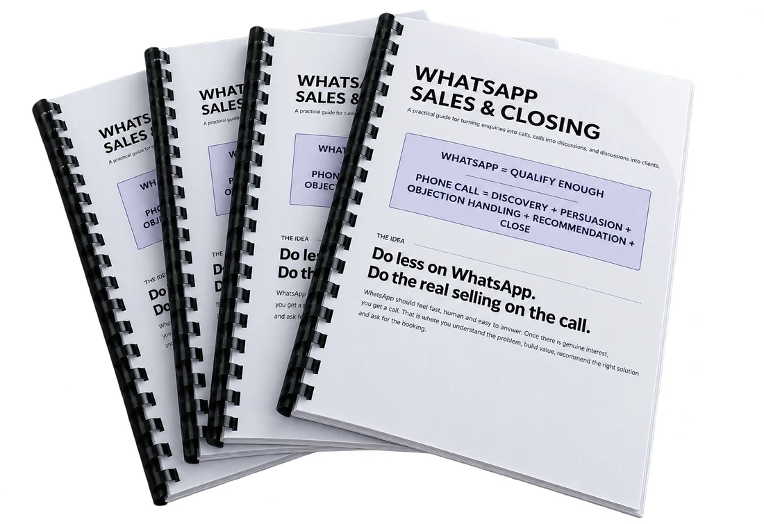 Printed WhatsApp Sales and Closing guide produced by Access One for a home healthcare client in Dubai